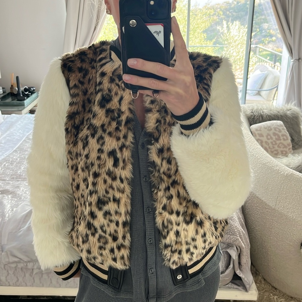 MOTHER Faux Fur Leopard Print Bomber Jacket with Cream Sleeves